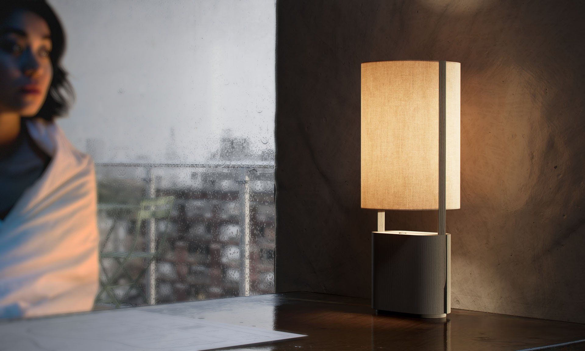 3D rendered image of a modern lamp on a table, showcasing photorealistic furniture rendering and 3D interior visualization.