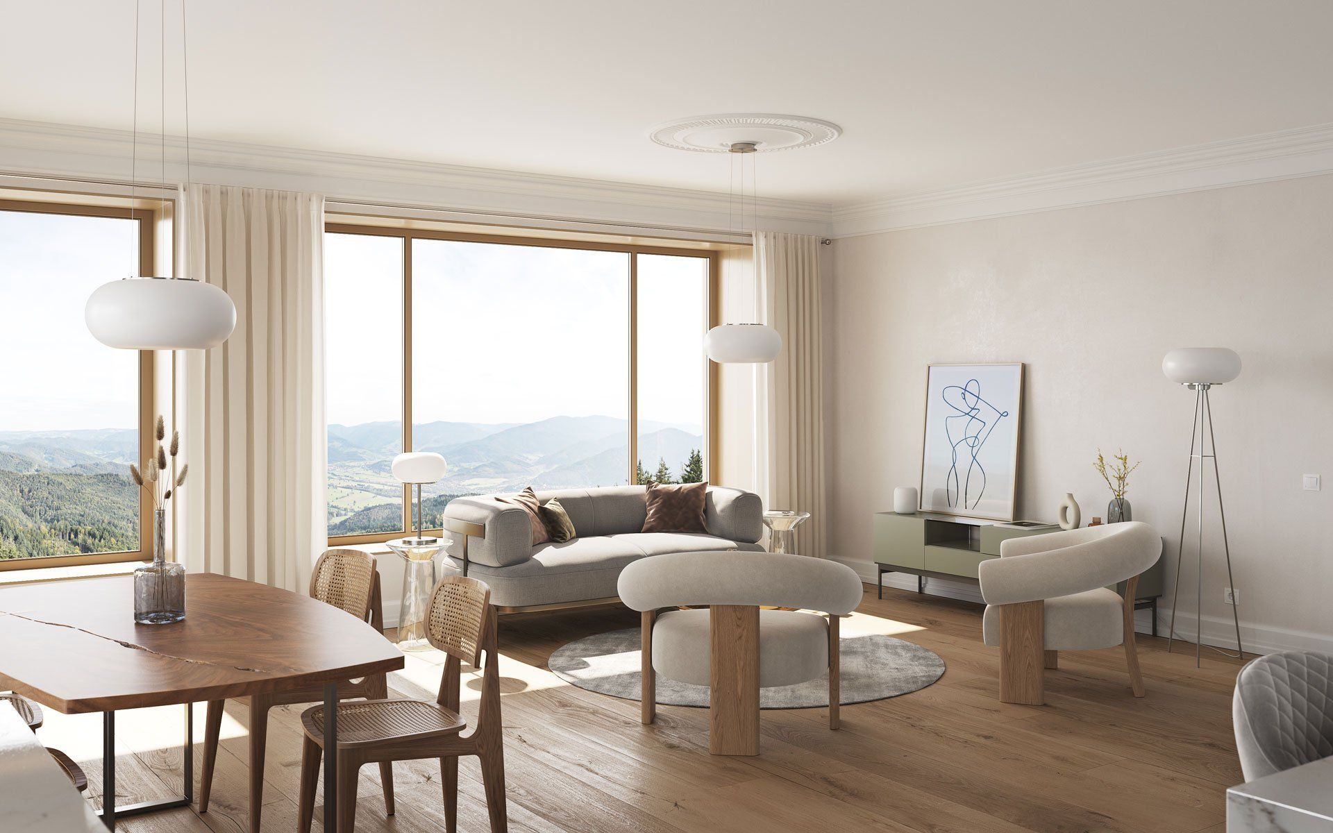 Lifestyle Rendering Of A Bright Living Room With Round Chairs, Large Windows, And Mountain Views