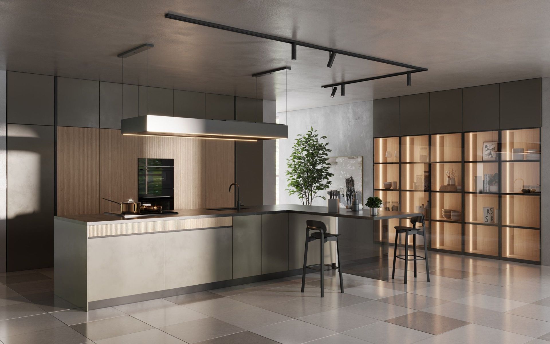 Realistic 3D rendering of a trendy kitchen interior, showcasing realistic house fittings and lighting for 3D visualization projects.