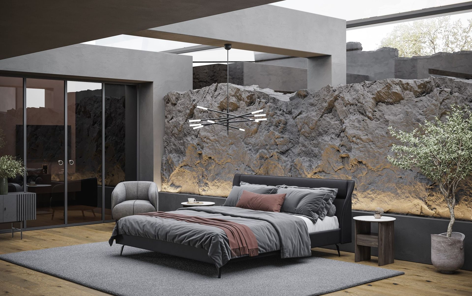 Top-notch 3D interior rendering showcasing a modern bedroom with realistic furniture and natural elements, highlighting 3D furniture modeling and visualization.