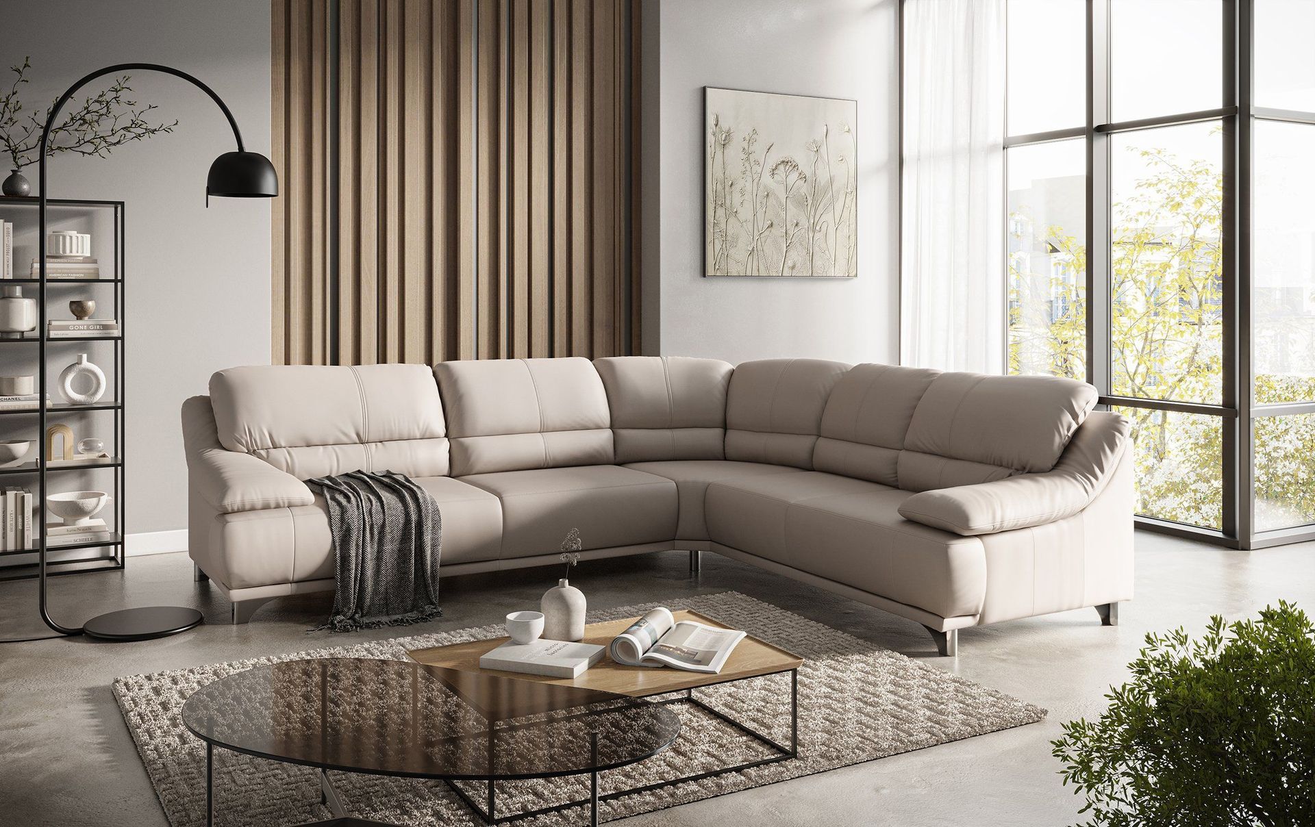 3D Visualization Of A Beige Upholstered Sofa In A Cozy Modern Living Space