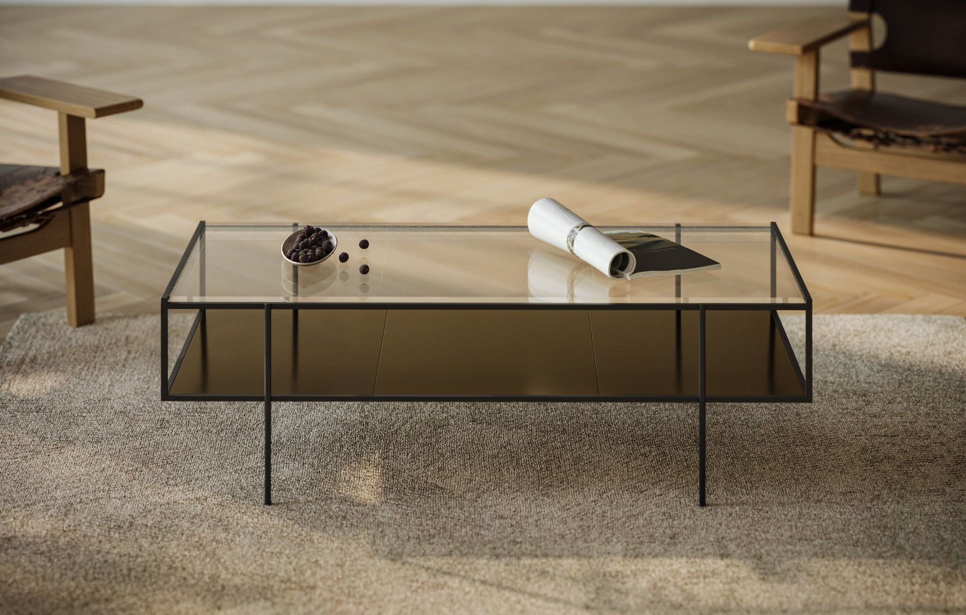 3D rendered image of a trendy glass coffee table in a living room setting, showcasing realistic furniture rendering and 3D interior visualization.
