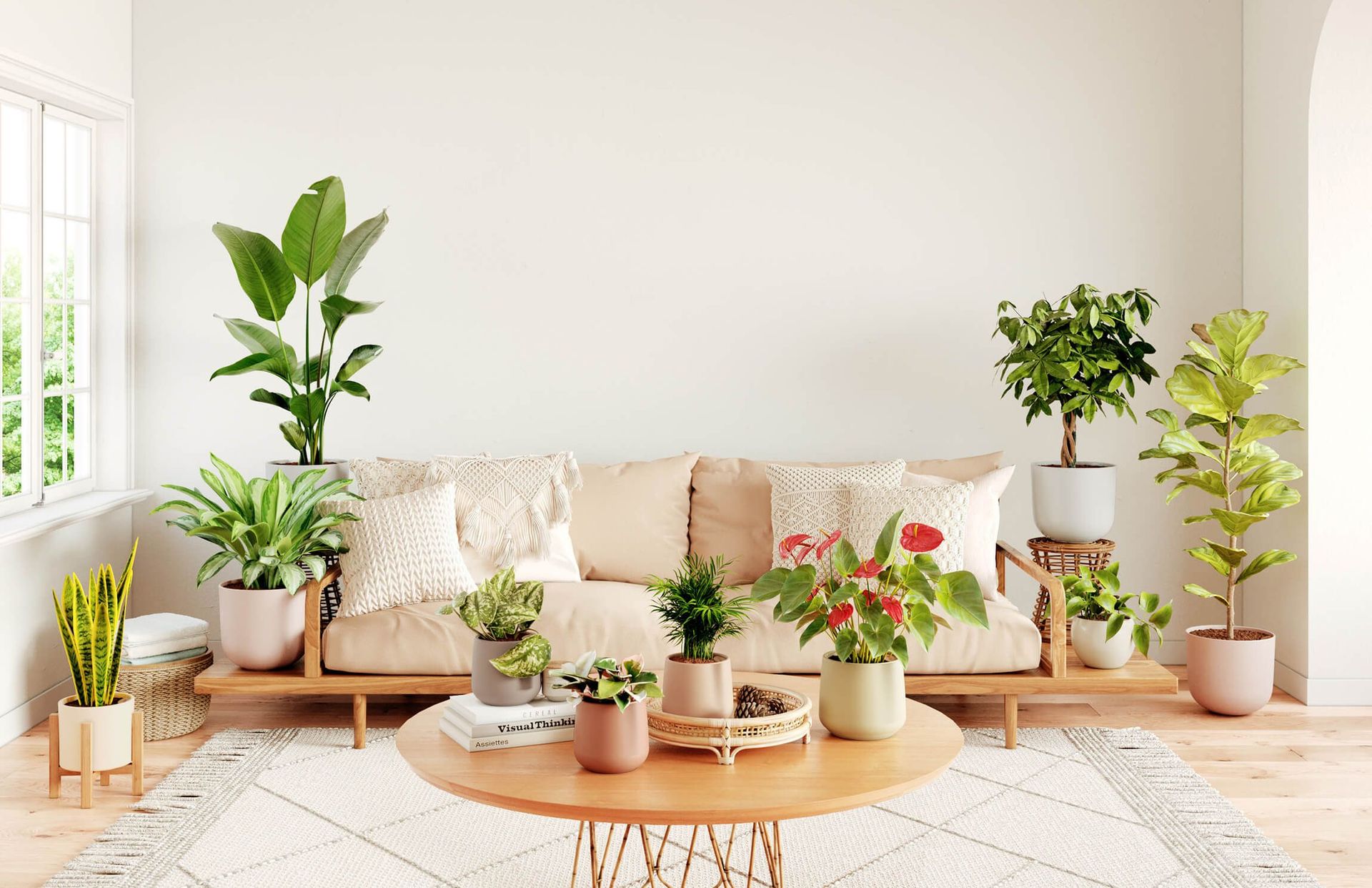 3D rendered image showcasing a modern living room with furniture and plants, highlighting 3D furniture modeling and realistic interior visualization.