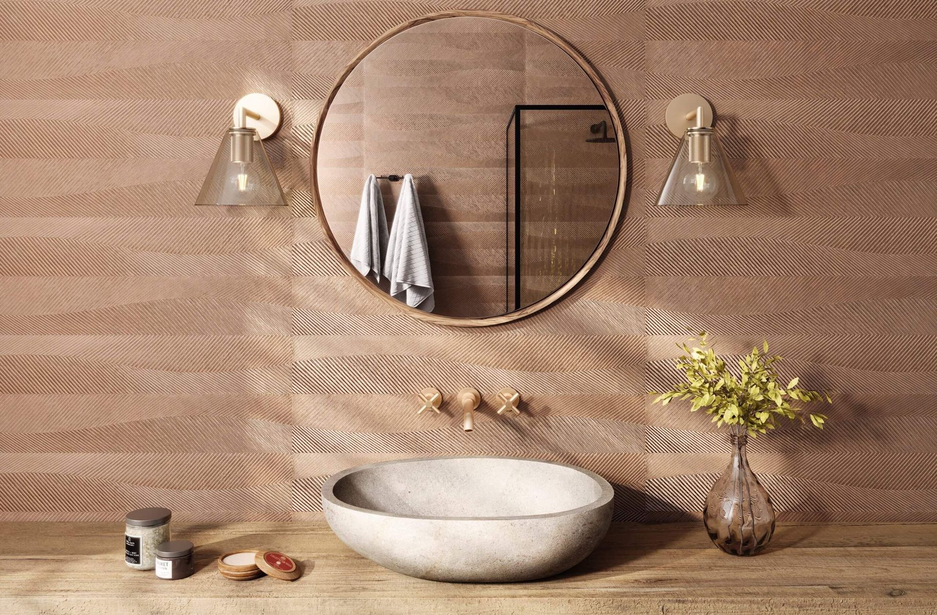 3D interior rendering showcasing a modern bathroom with a round mirror, stone sink, and wooden textures, highlighting realistic furniture rendering and 3D lifestyle visualization.