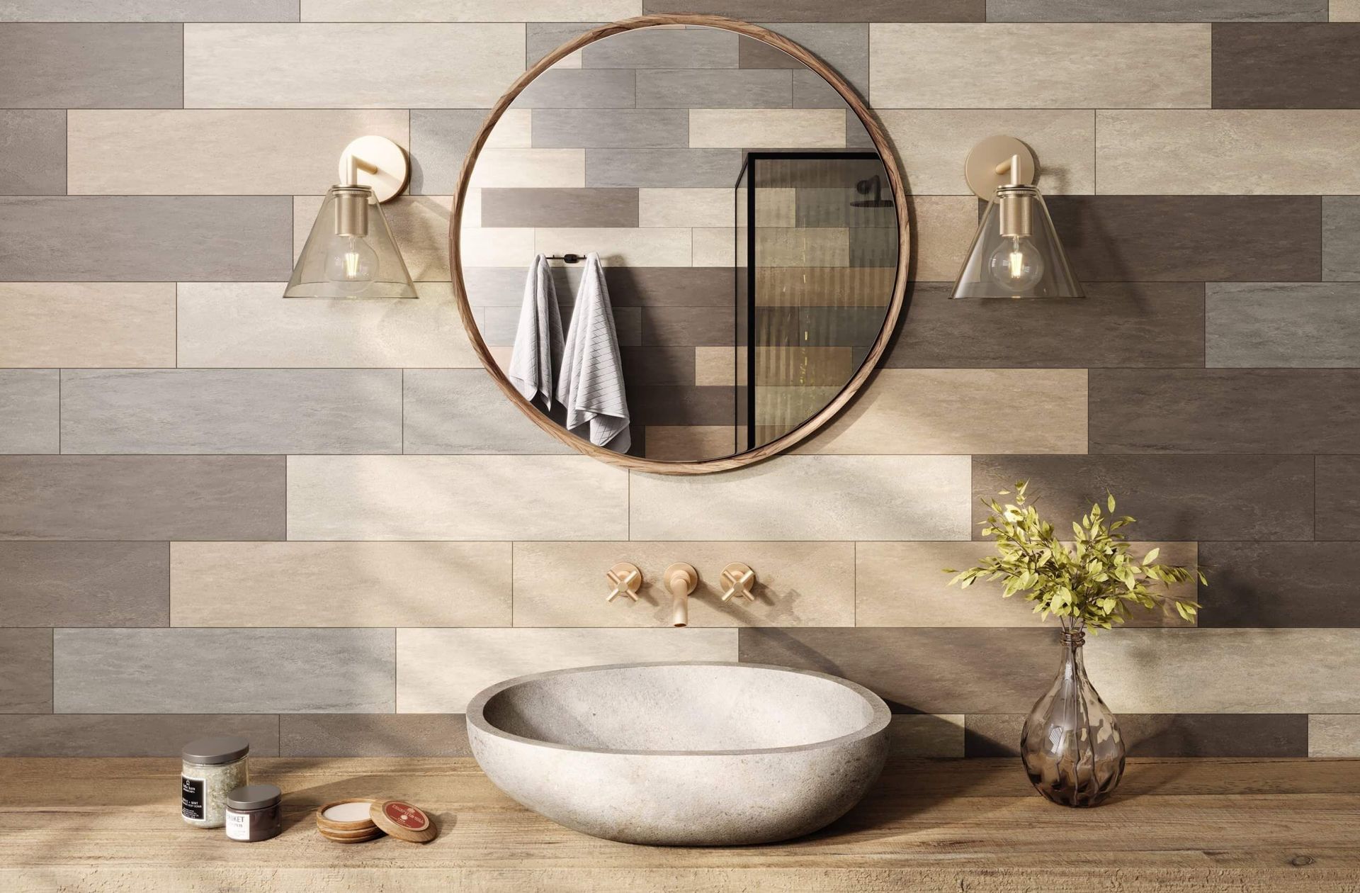 3D interior rendering showcasing a modern bathroom with a round mirror, stone sink, and decorative elements, highlighting realistic furniture rendering and 3D visualization.