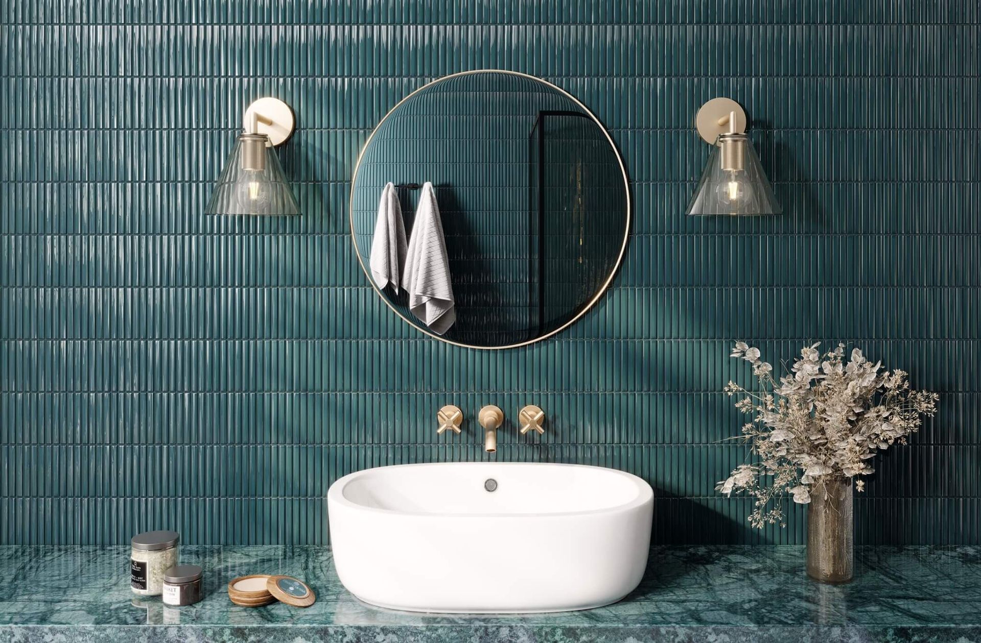 3D interior rendering showcasing a modern bathroom with a round mirror, sink, and decorative elements, highlighting realistic furniture rendering and 3D visualization.