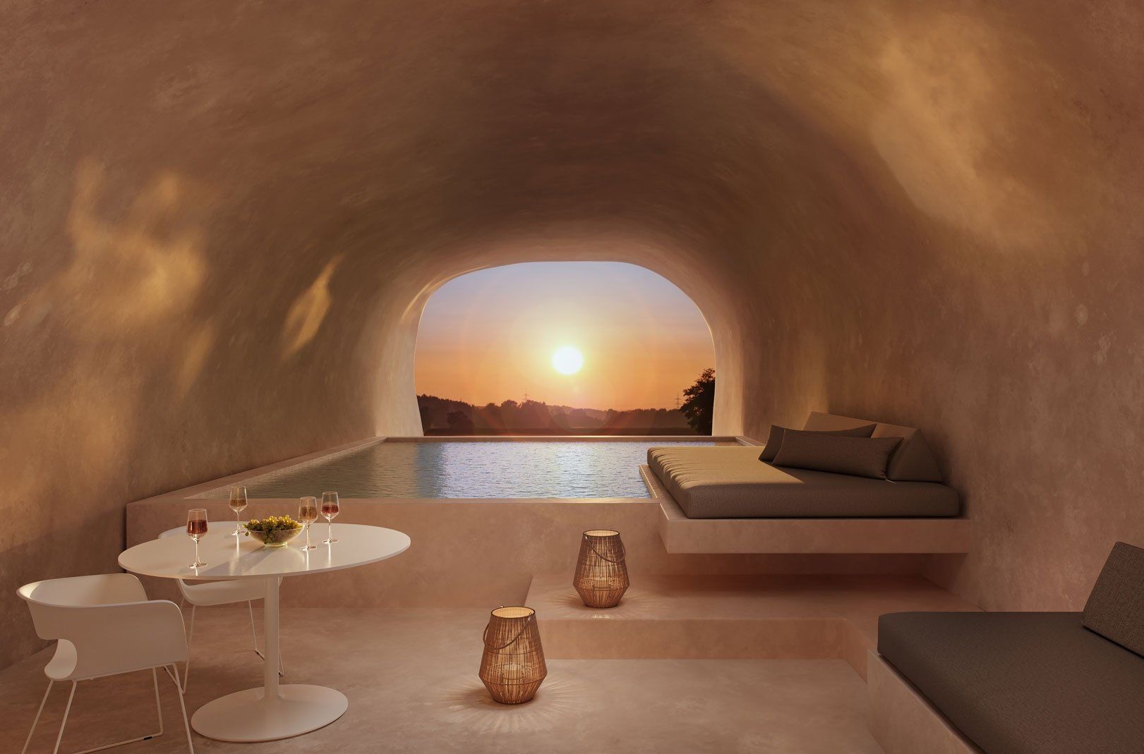 3D rendering of a trendy cave room interior with a pool, showcasing 3D house fittings modeling and photorealistic visualization at sunset.