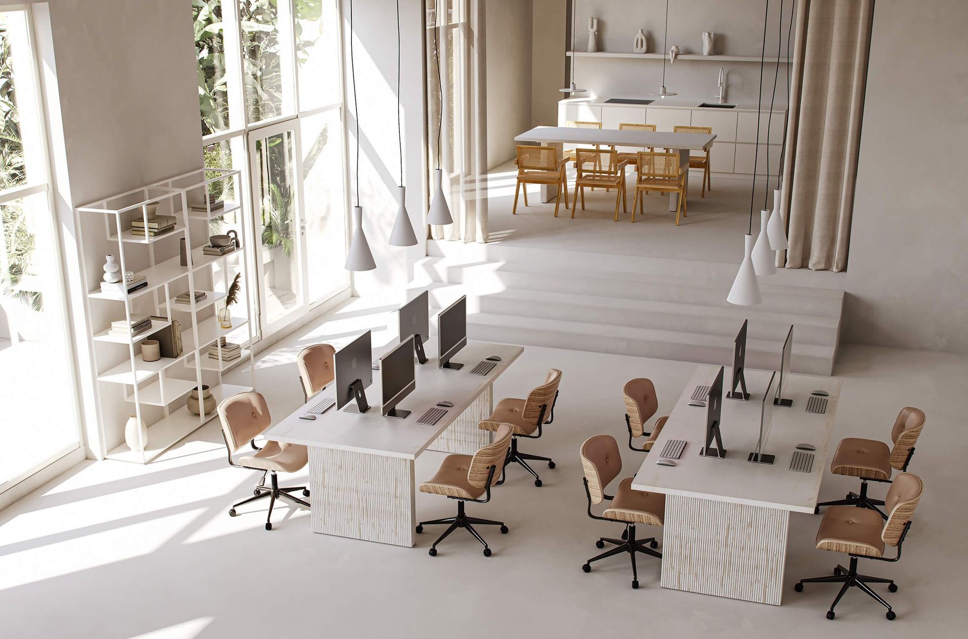 Realistic 3D rendering of a trendy office interior with desks and chairs, showcasing 3D house fittings modeling and visualization.