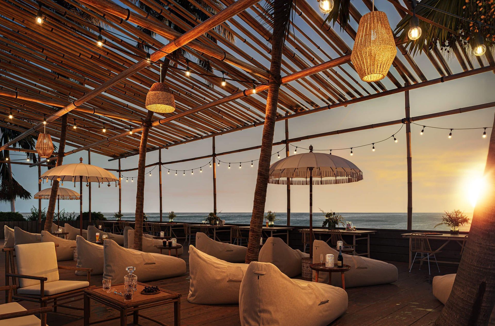 3D rendering of an outdoor seating area with bean bags and umbrellas, showcasing 3D furniture modeling and visualization at sunset.