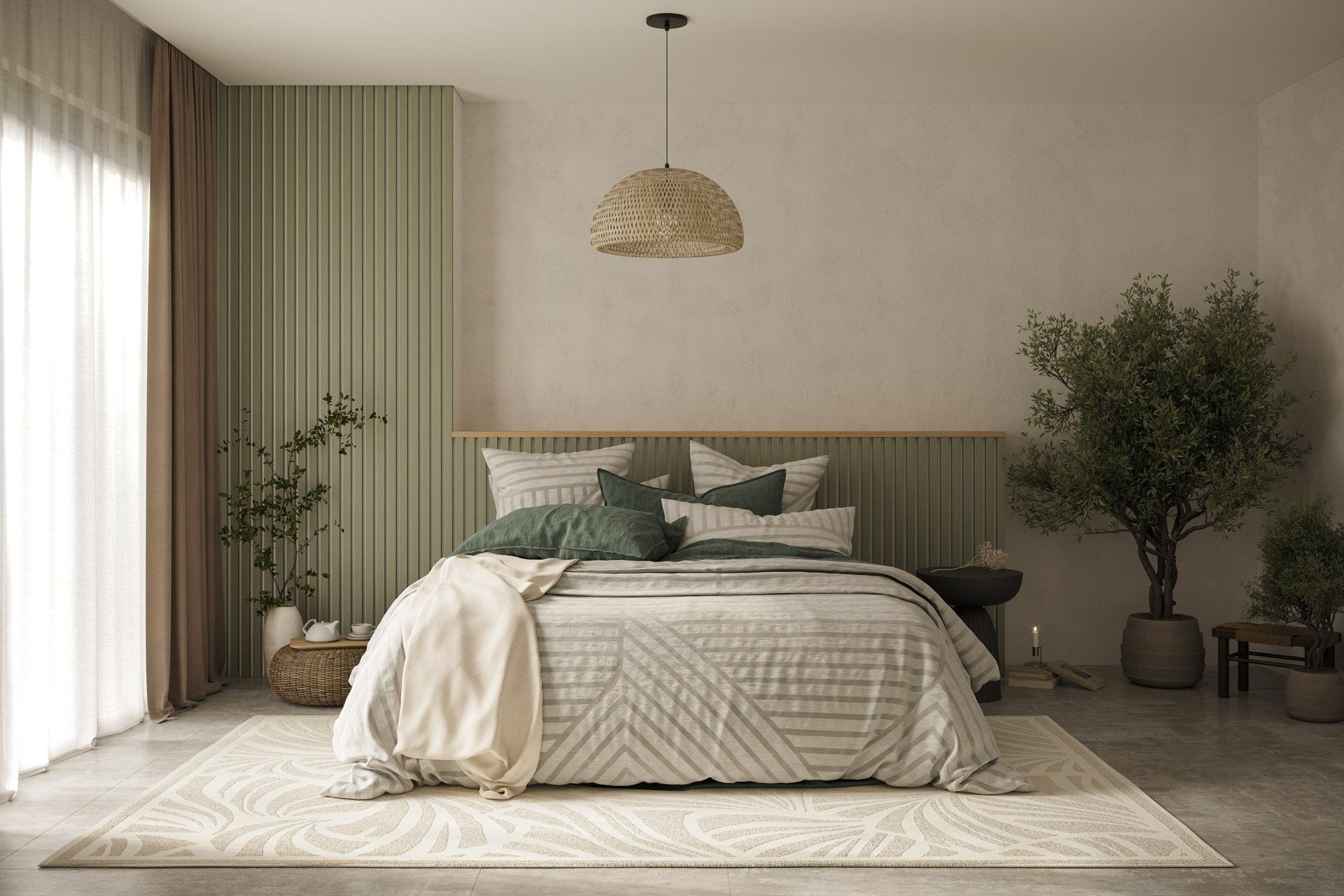 Realistic 3D rendering of a trendy bedroom showcasing realistic house fittings and interior design elements.