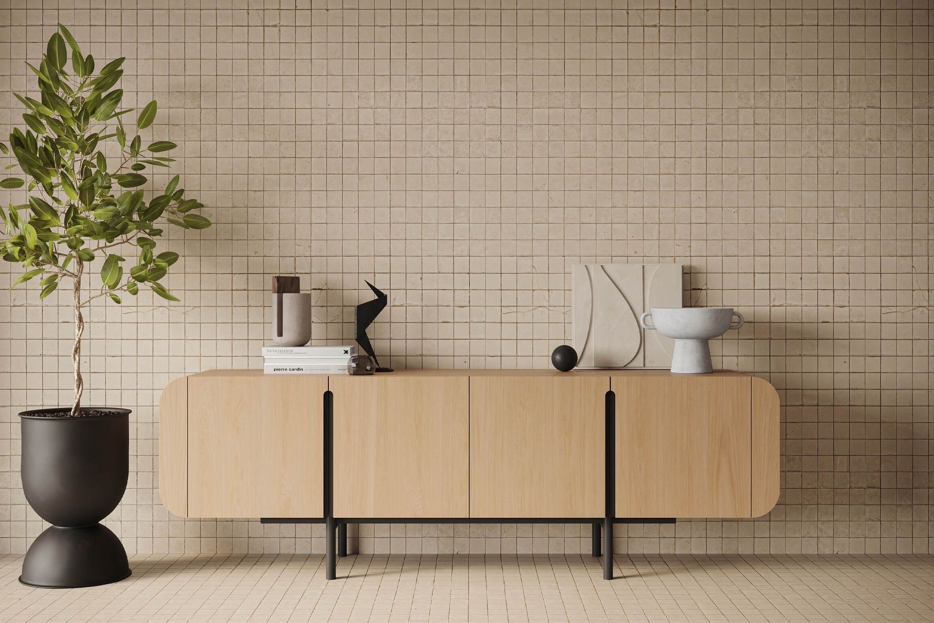 Lifestyle Rendering Of A Light Wood Cabinet With Decor In A Scandinavian-Inspired Interior