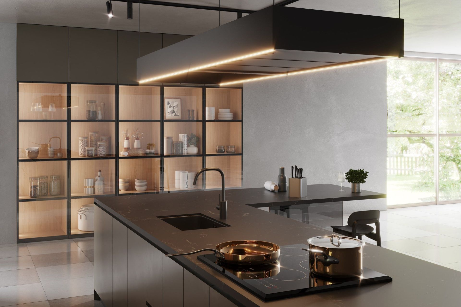 Top-notch 3D rendering of a modern kitchen showcasing realistic furniture and interior design, featuring 3D furniture modeling and visualization.