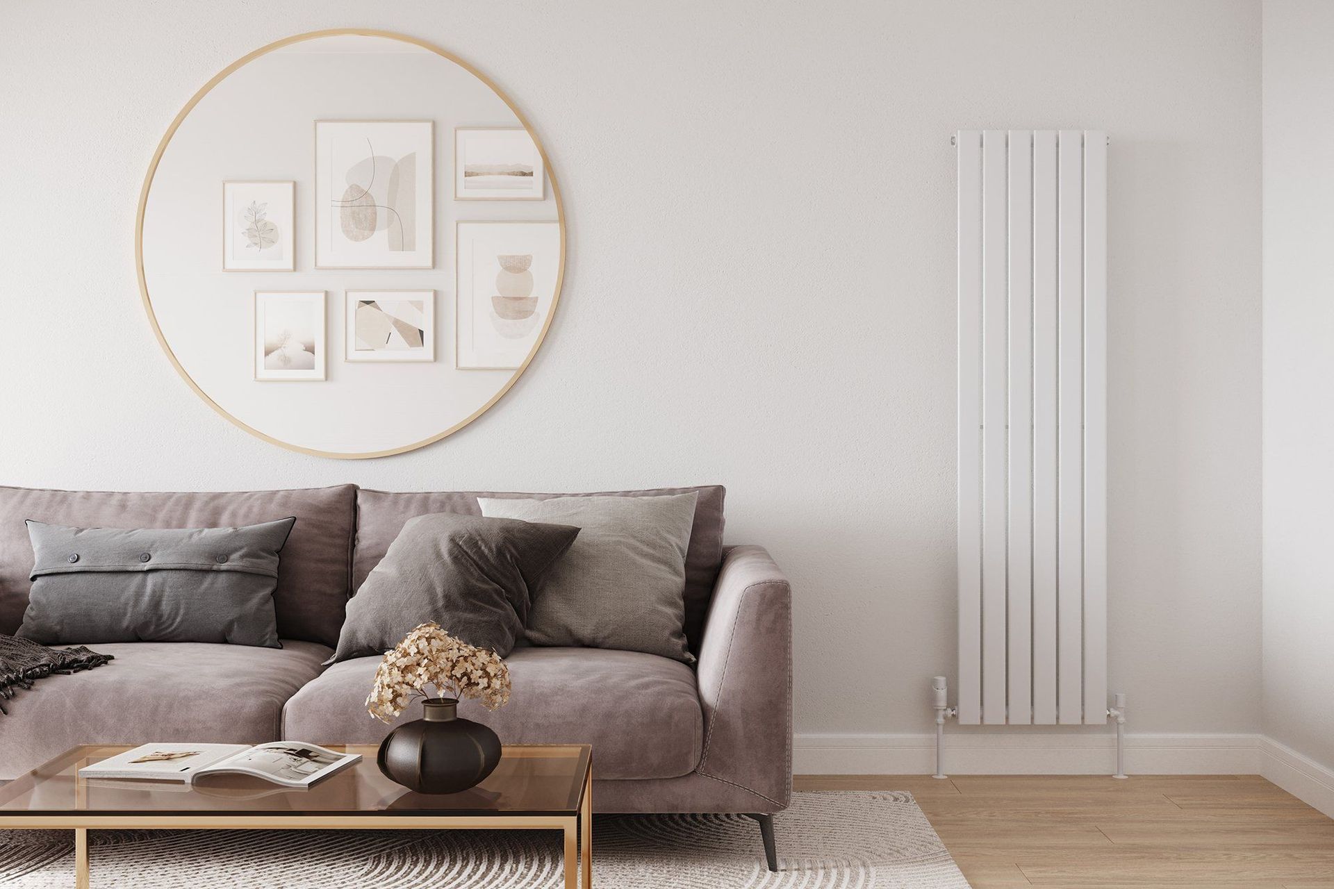 Product Rendering Of A Vertical White Radiator In A Minimalist Living Room With Light Sofa And Framed Wall Art