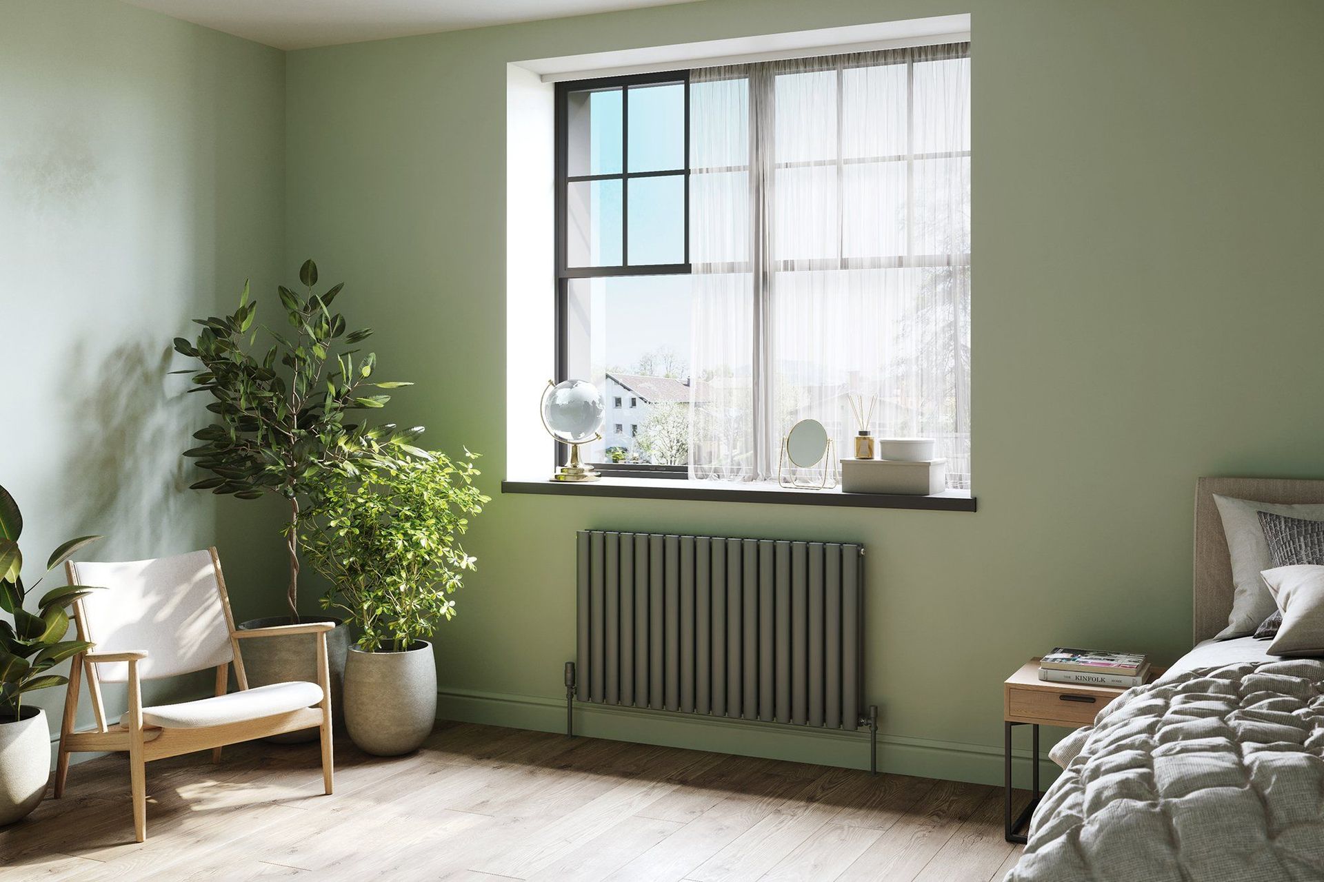 3D rendering of a modern bedroom showcasing furniture and interior design, featuring realistic lighting and textures.