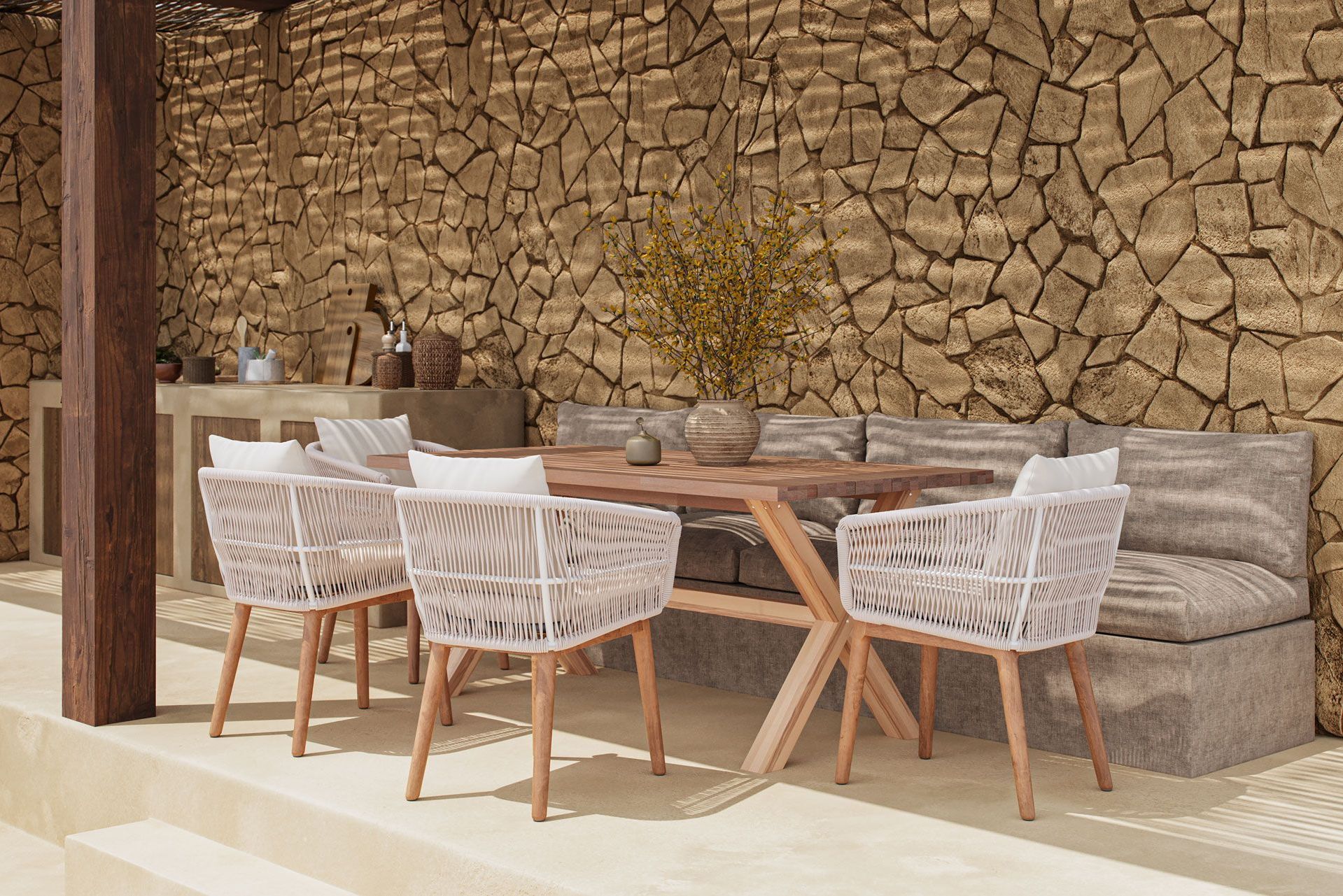 3D Rendering Of Outdoor Dining Area With Woven Chairs And Natural Stone Wall Background