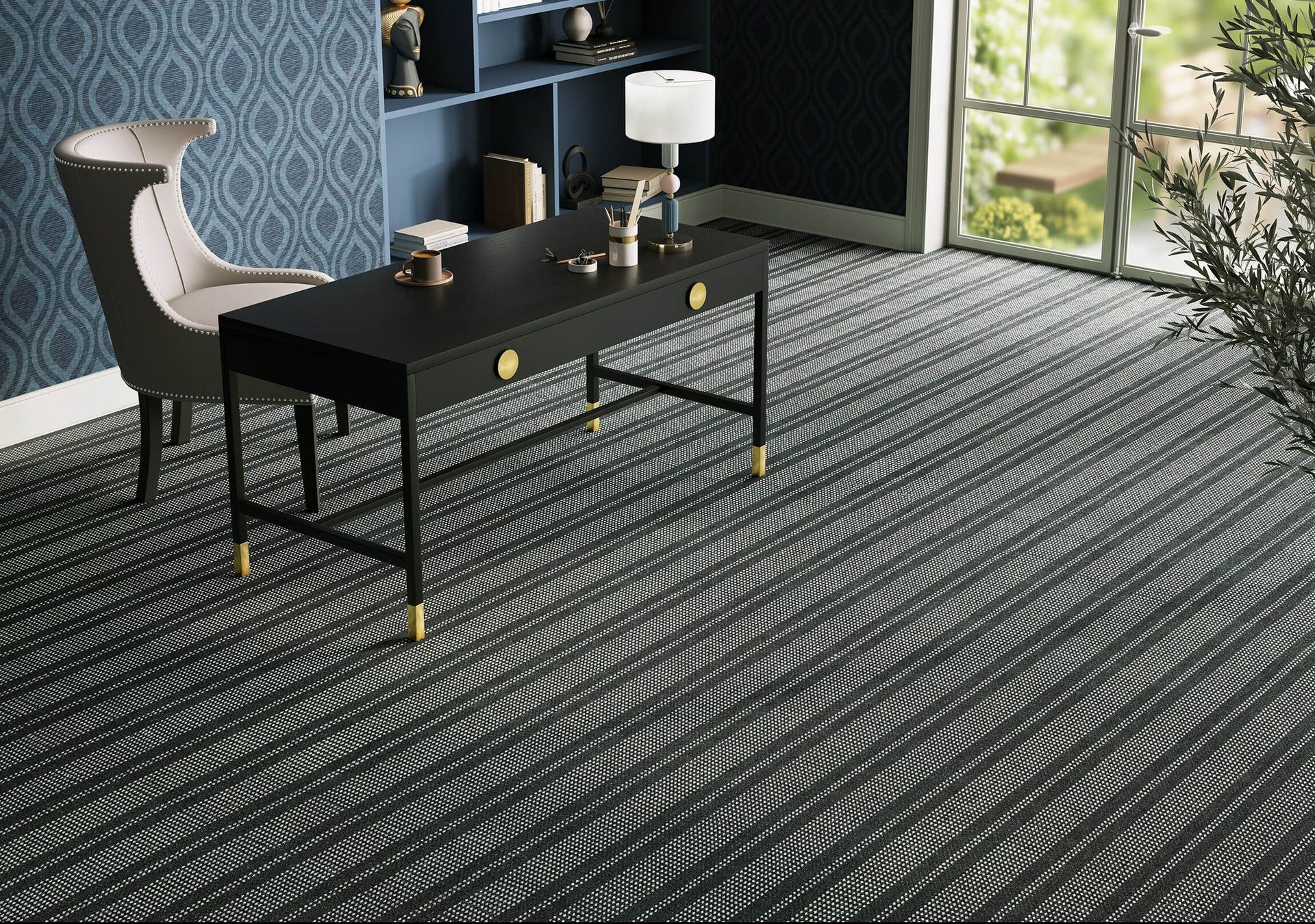 3D furniture modeling and rendering showcasing a modern office interior with a desk and chair, highlighting 3D interior visualization and photorealistic rendering techniques.