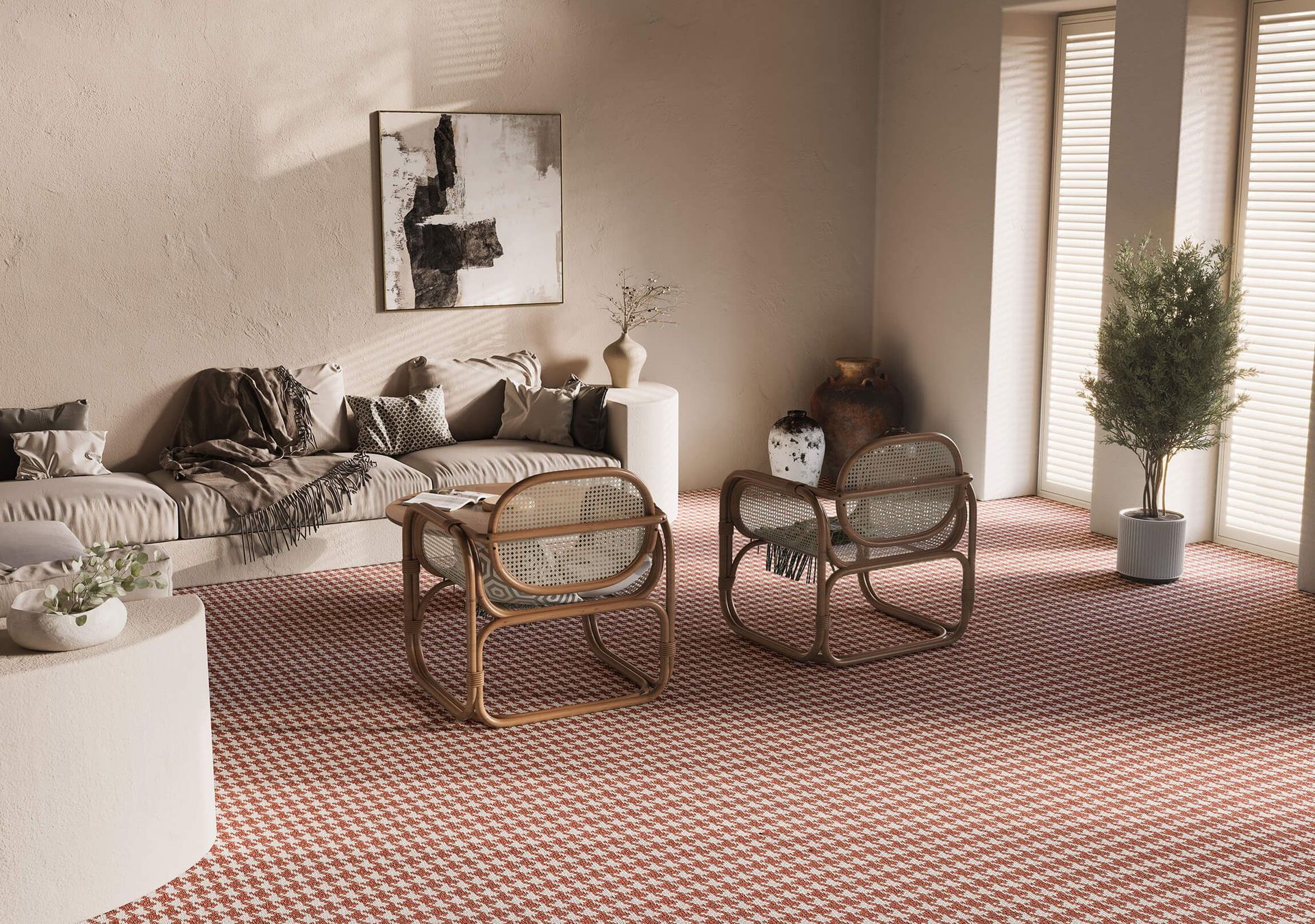 3D interior rendering showcasing modern furniture, 3D furniture modeling, and photorealistic visualization in a living room setting