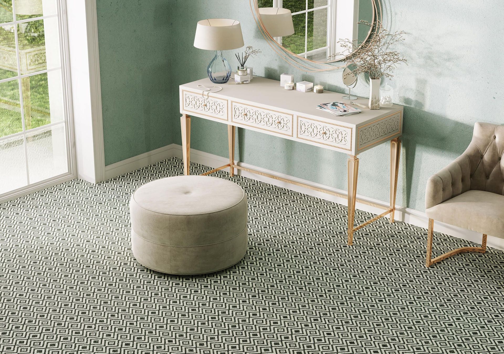 3D furniture modeling and rendering showcasing an elegant interior with a decorative table, chair, and ottoman, highlighting photorealistic visualization.