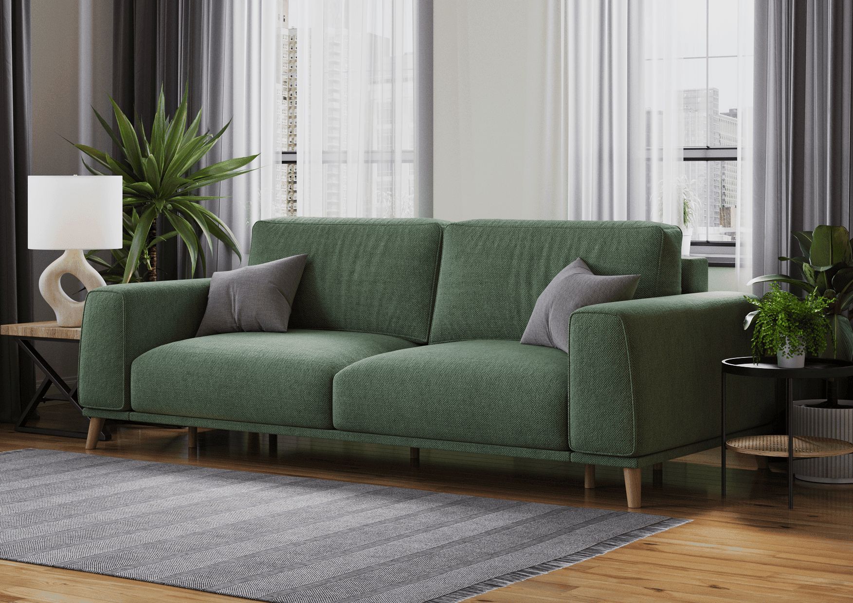3D rendered image of a modern green sofa in a living room setting, showcasing photorealistic furniture rendering and 3D interior visualization.