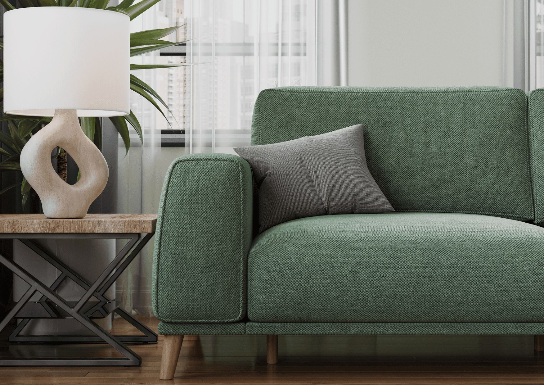 3D Visualization of a Green Sofa Close-Up Emphasizing Texture and Upholstery Details