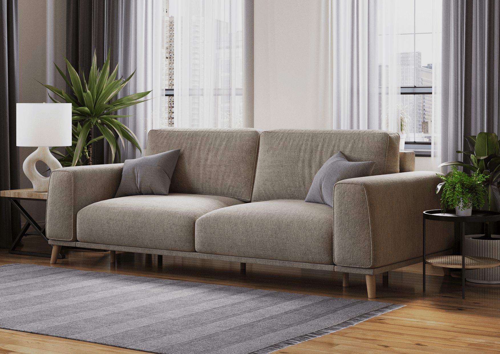 High-quality 3D rendering of a modern sofa in a living room setting, showcasing photorealistic furniture visualization and interior design.
