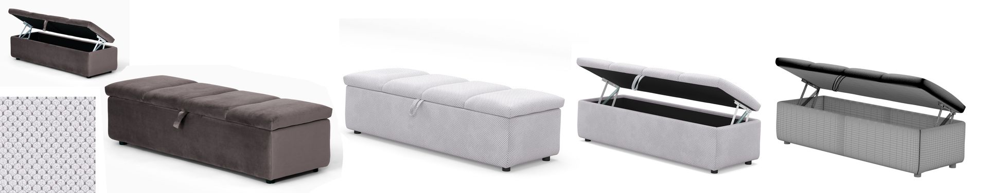 Visualization and mesh preview of a soft-upholstered storage bench with a hinged lid