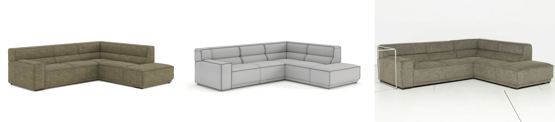 Photoreal and wireframe renderings of a contemporary sectional sofa with a lifestyle view in a minimalist interior