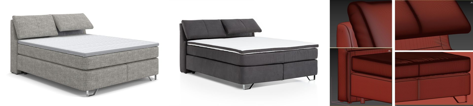 CG visualization of a modern upholstered boxspring bed with adjustable backrest