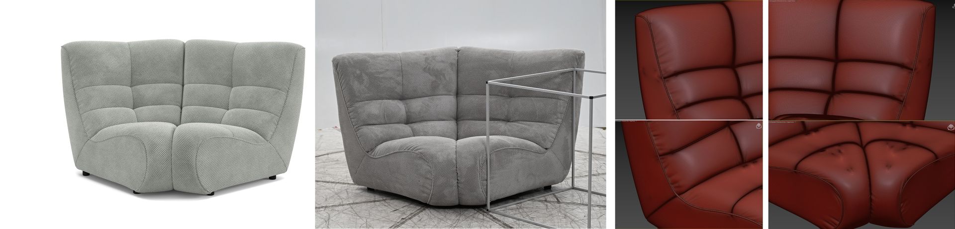 3D modeling and wireframe of a fabric-upholstered modular corner seat sofa, shown in render, photo, and viewport screenshots