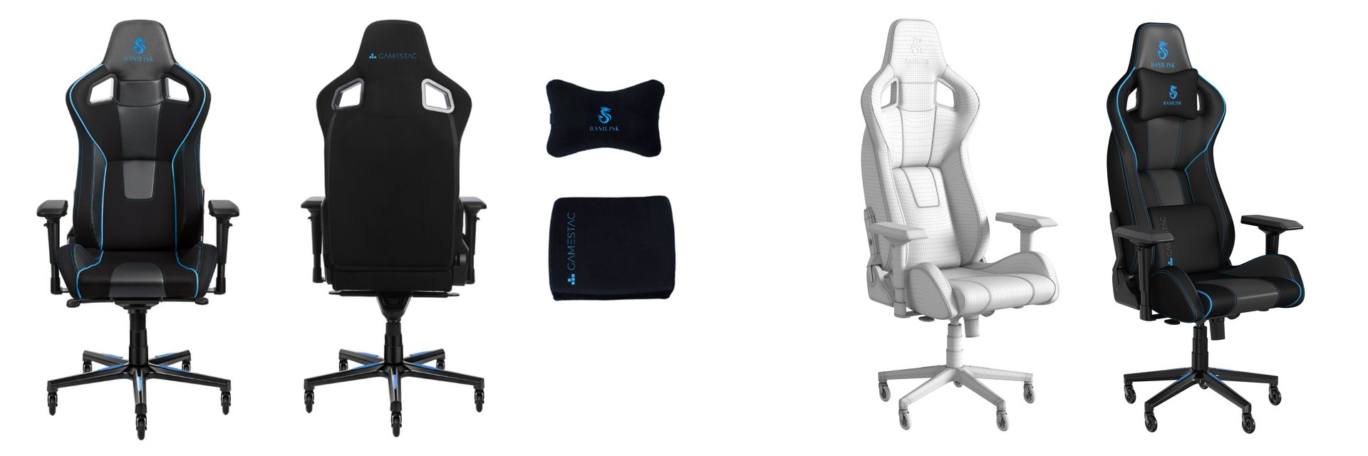 CG renders and wireframe of a high-back gaming chair with ergonomic padding, black and blue design, and detachable cushions