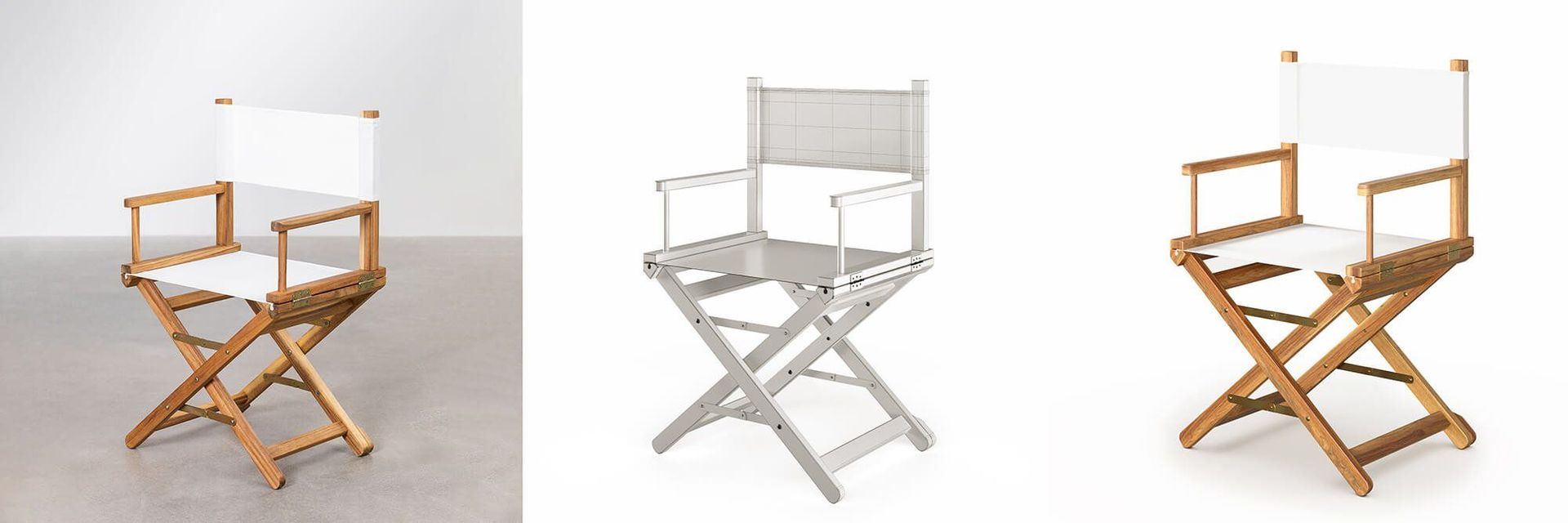 3D product visualization showcasing a director's chair with stages of modeling and rendering, including 3D product modeling and photorealistic rendering.