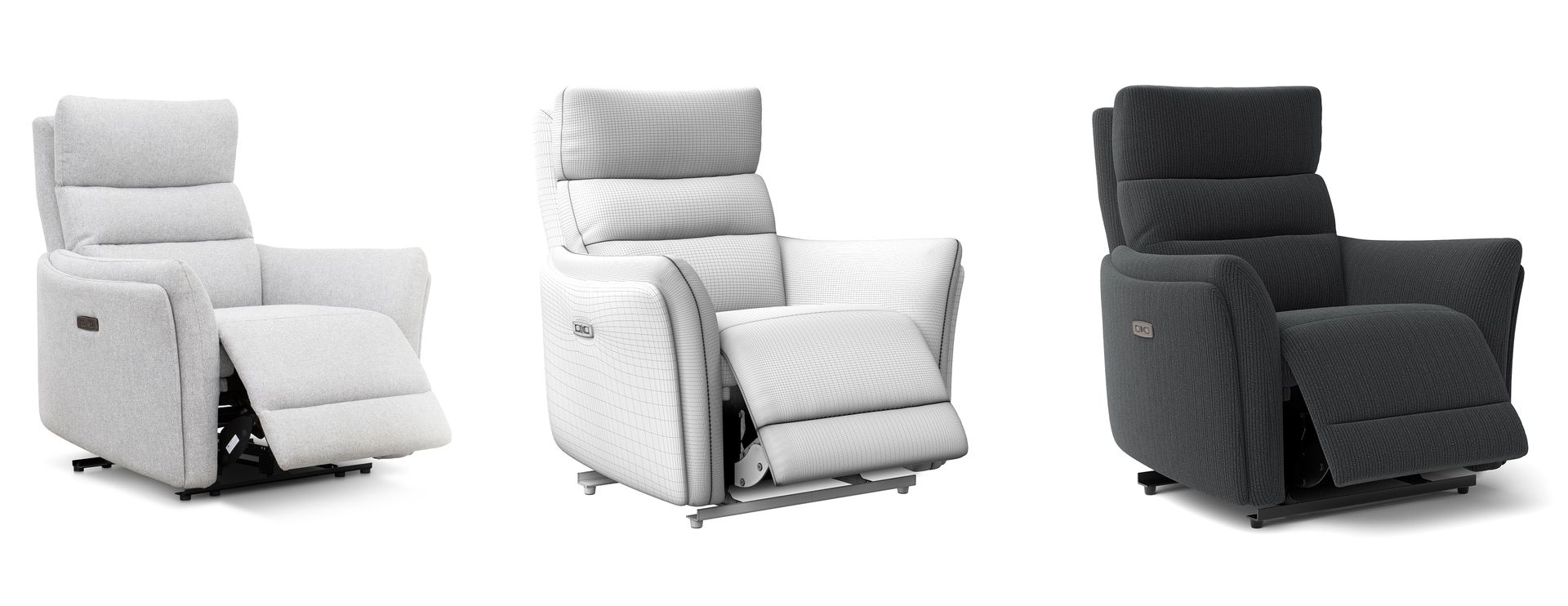 CG visualization of a fabric recliner chair, wireframe view, and rendered model in different colors