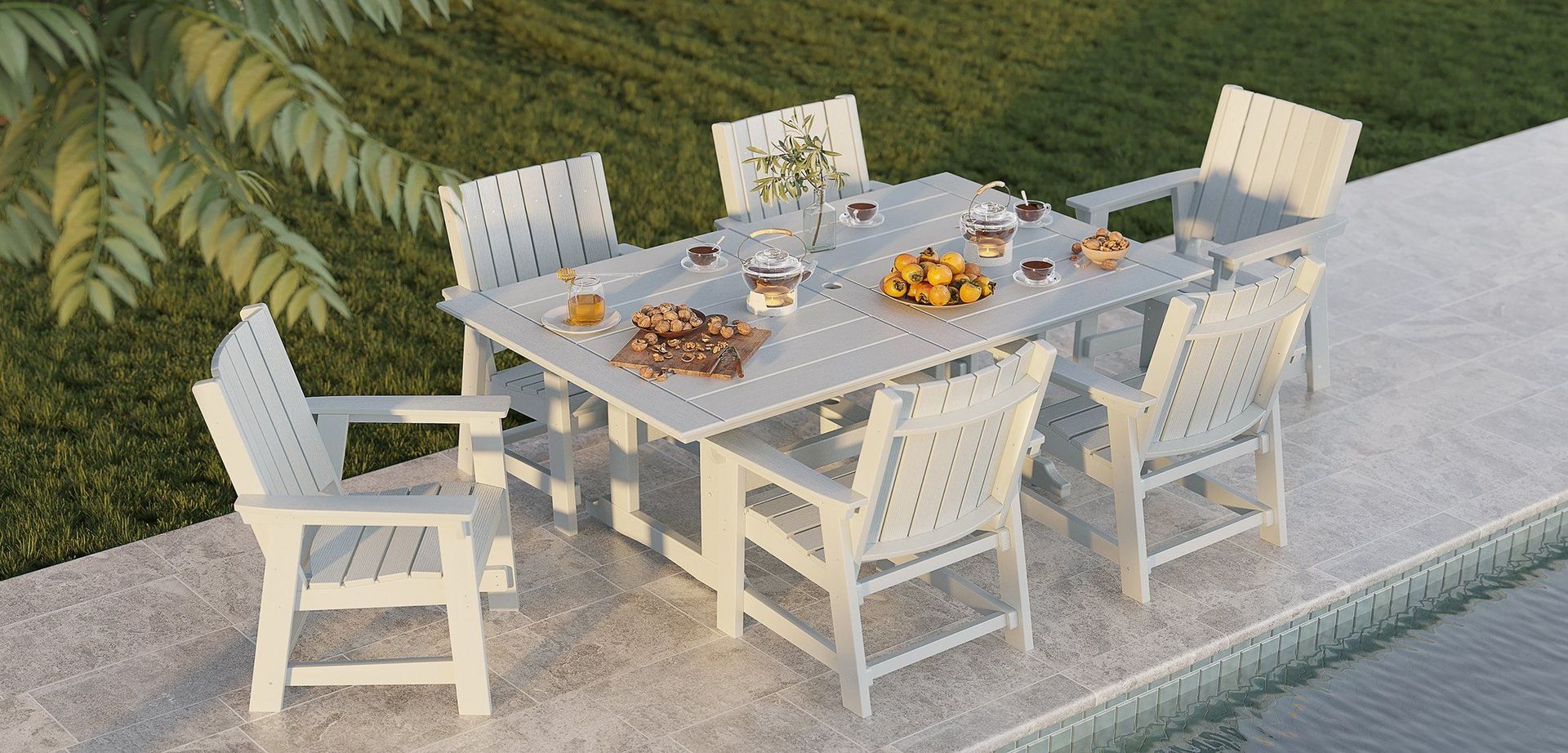 3D rendered image of a realistic outdoor dining set by the pool, showcasing high-quality house fittings visualization and photorealistic rendering.