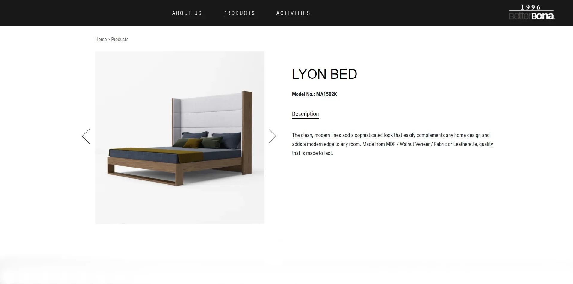 3D visualization of Lyon bed displayed on Better Bona product page