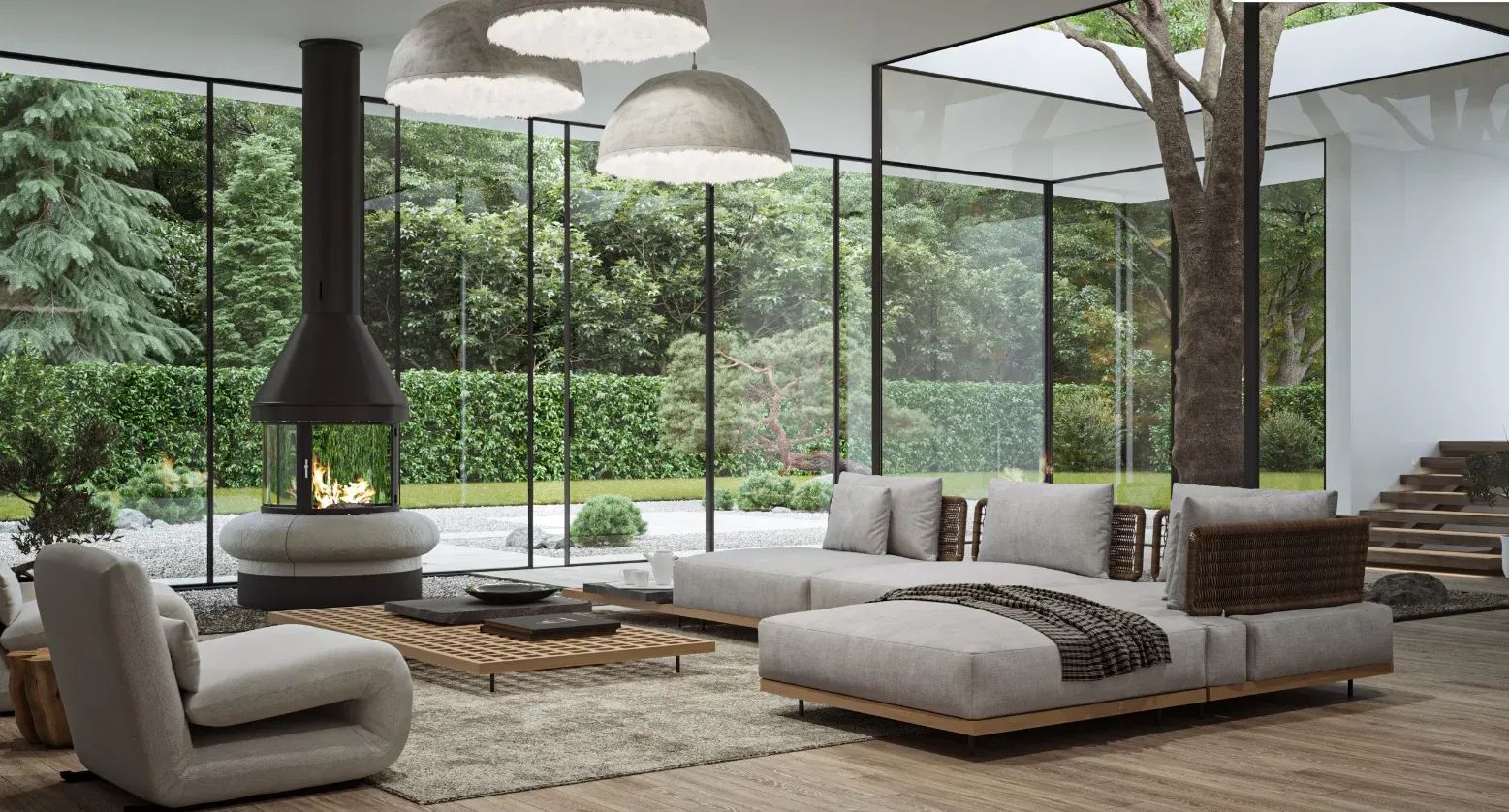 Realistic lifestyle 3D rendering of a spacious living room with a fireplace and glass walls overlooking a garden for online and offline advertisement.