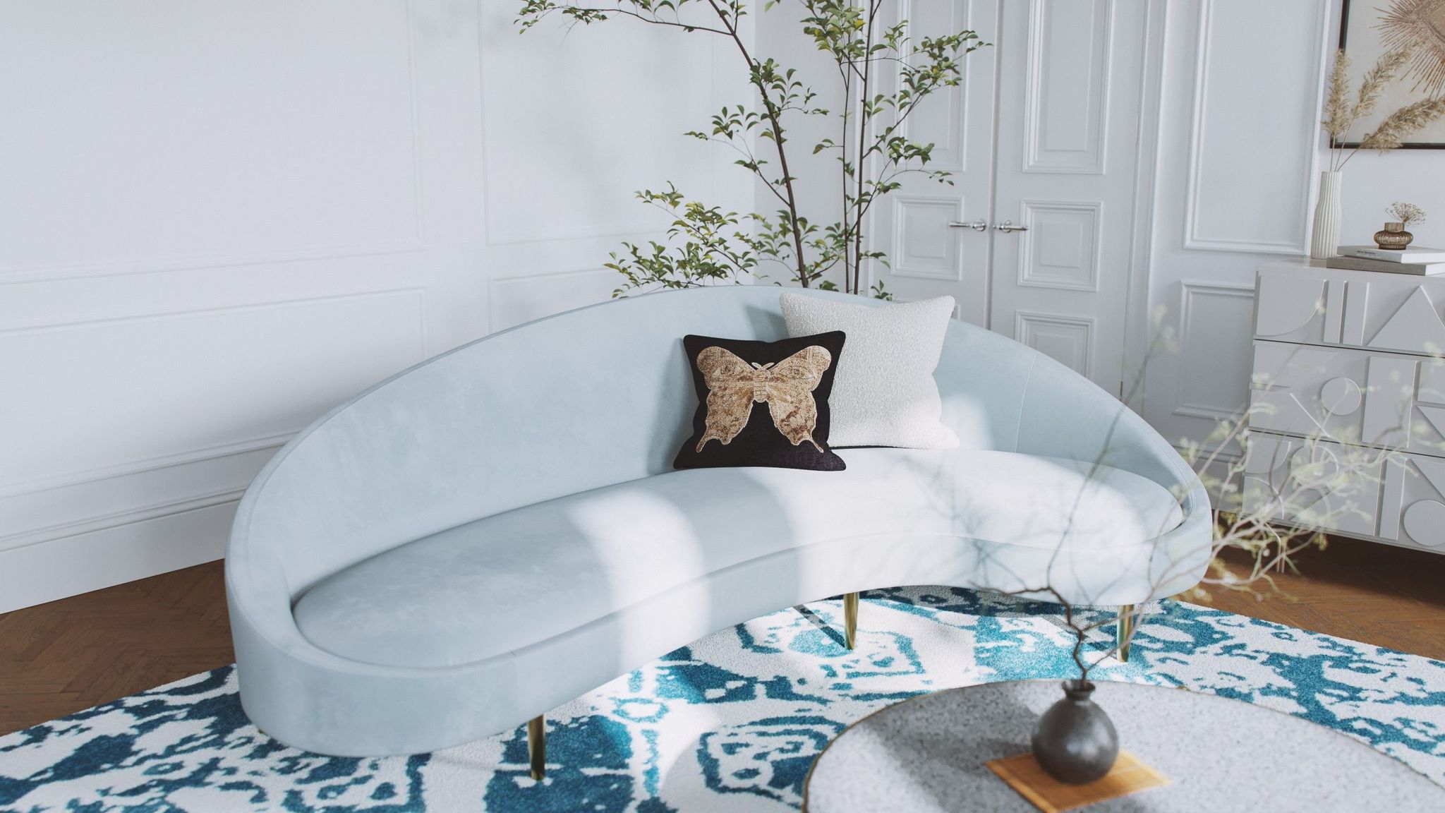 3D product rendering for a blue sofa