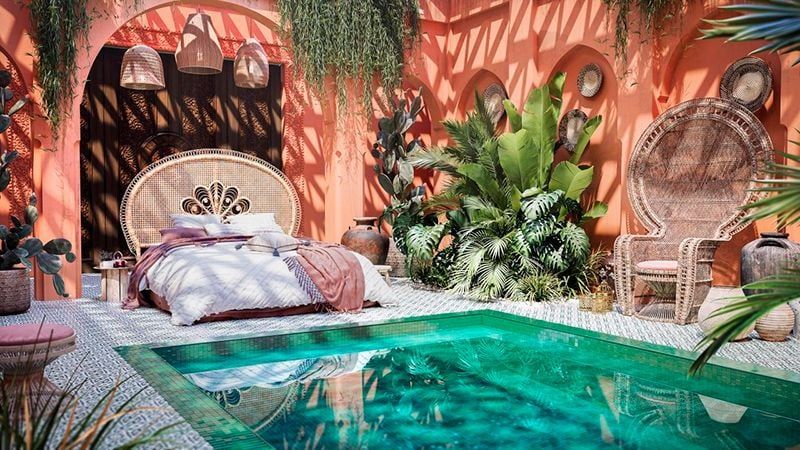 3D Render of a Moroccan Bedroom with Indoor Pool and Exotic Accessories