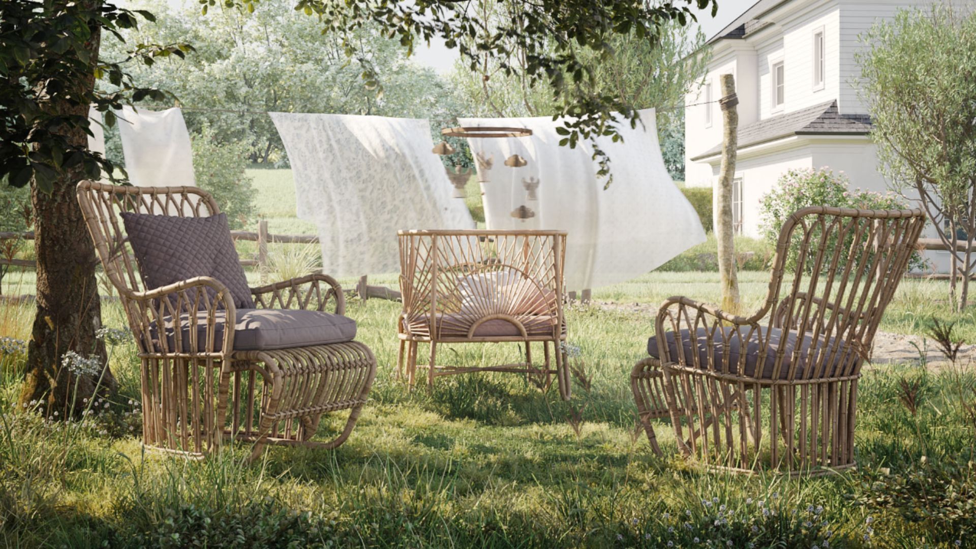 3D-rendered product visualization of cozy outdoor chairs arranged in a courtyard.