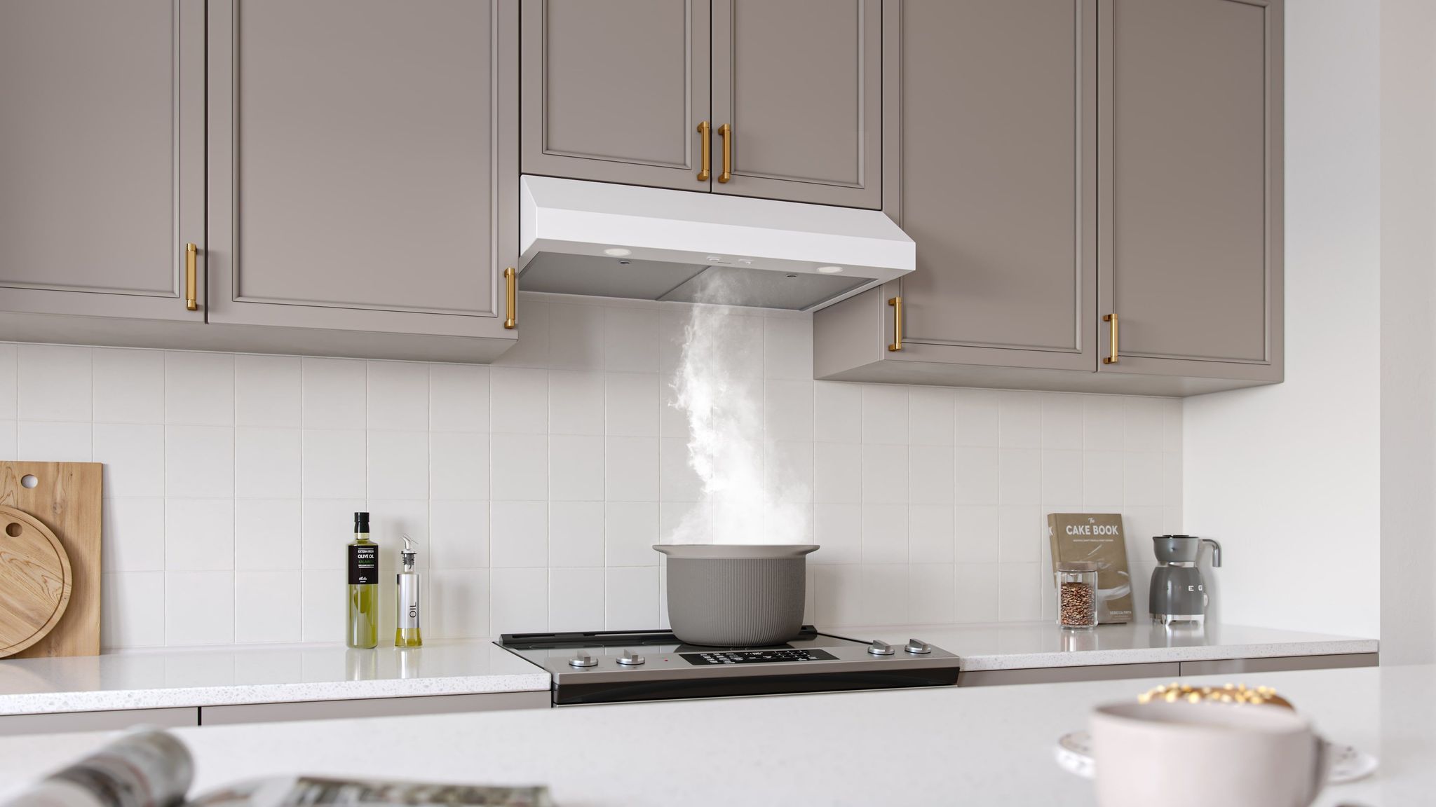 Beige Kitchen Lifestyle Rendering for a Range Hood: Close Up