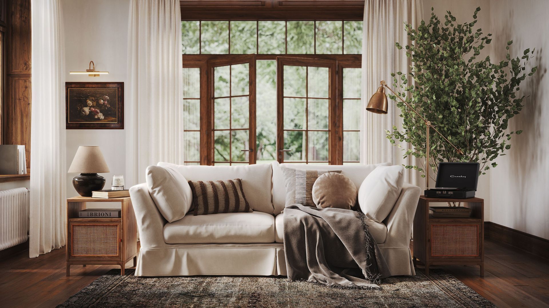 3D Visualization for a white sofa in a living room with a large window
