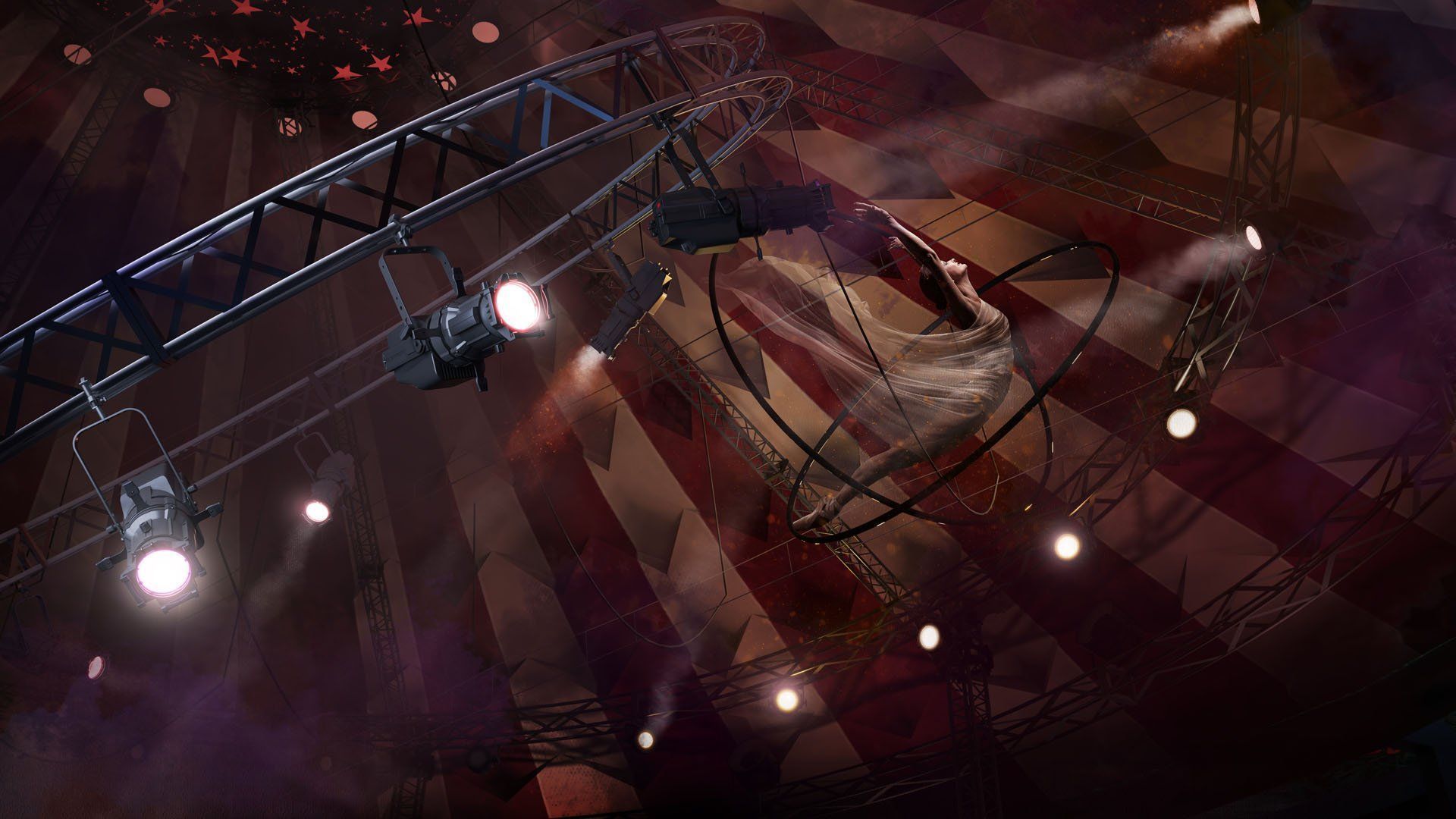 CGI Photography of theatrical stage lighting rigs and a graceful aerial performer suspended above a circus arena