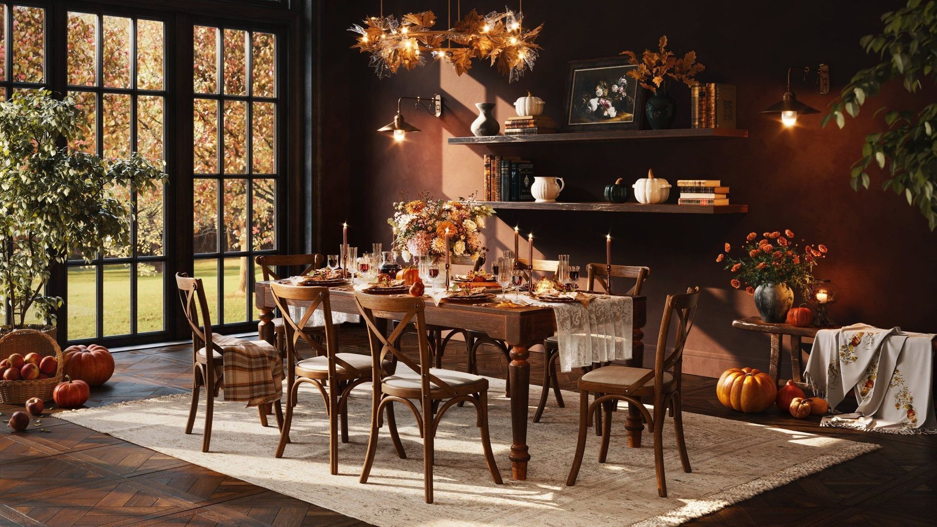 CGI Photography of a cozy autumn dining room with a styled table setting, warm pendant lighting, and seasonal decor