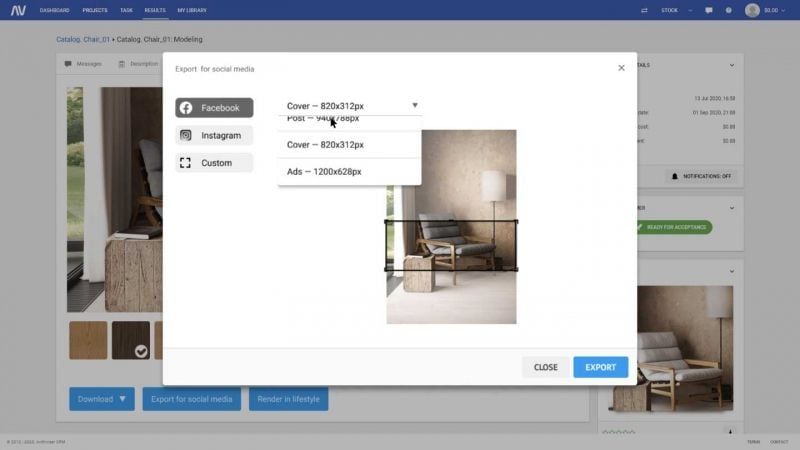 A Menu That Allows Selecting Format for Product Images of Furniture