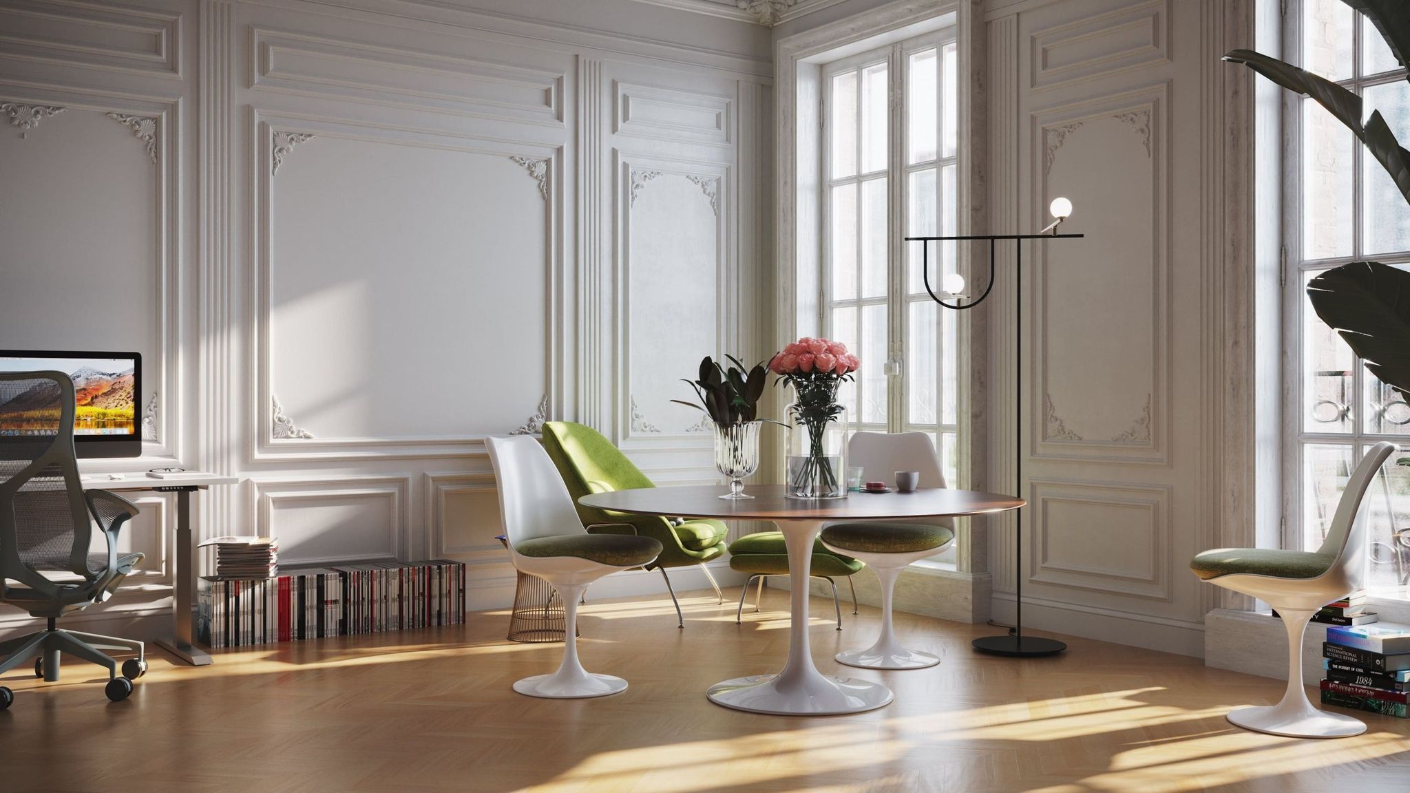 3D-rendered interior visualization featuring white embossed walls and a dining table in the center.