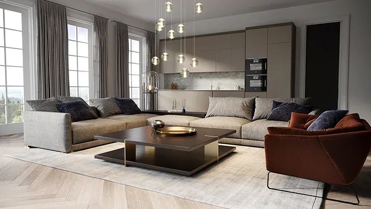 Living room kitchen lifestyle render with seating and coffee table