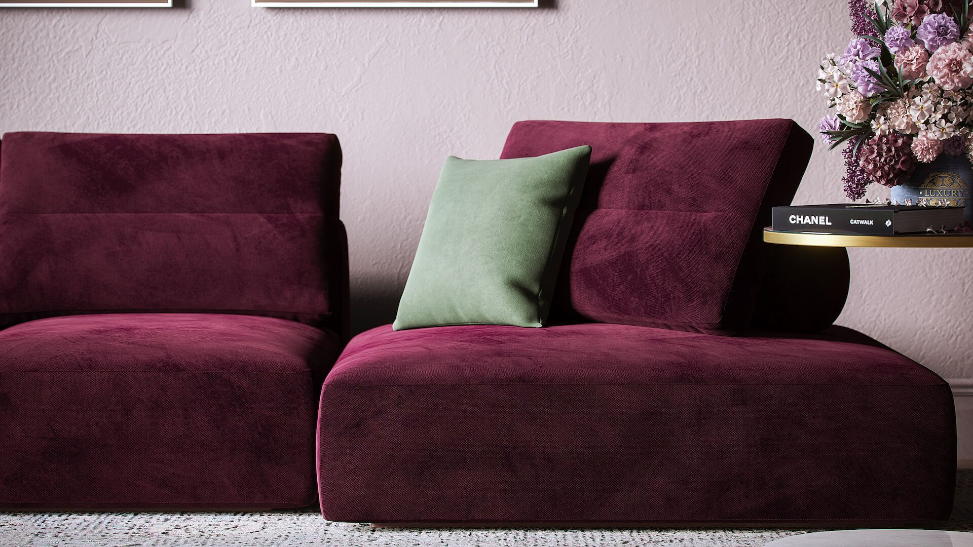 Close-Up Photoreal CGI of a Velvet Sofa for Ecommerce