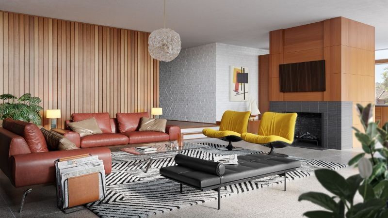 Lifestyle 3D-rendered image serving as an interior design reference for a modern living room.