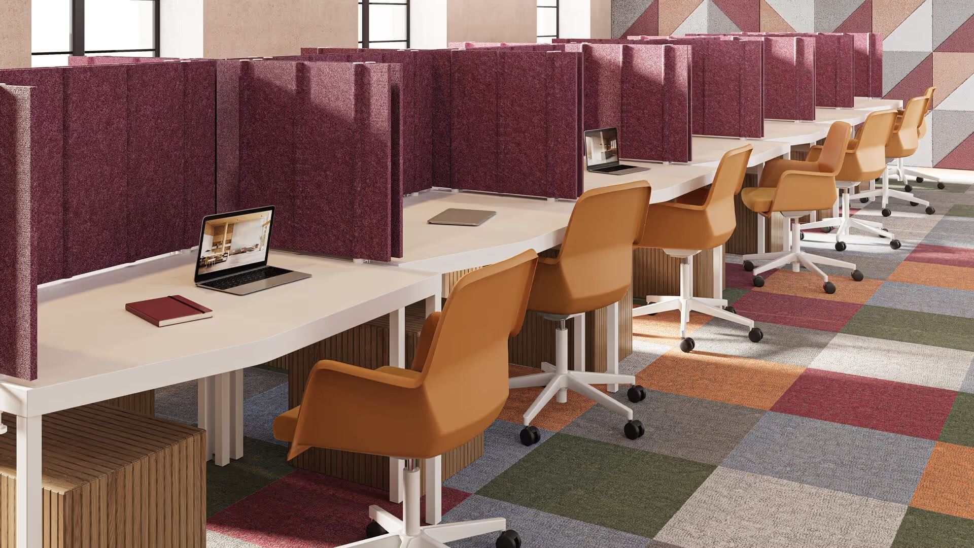 Product render of desk-mounted acoustic panels separating shared workstations