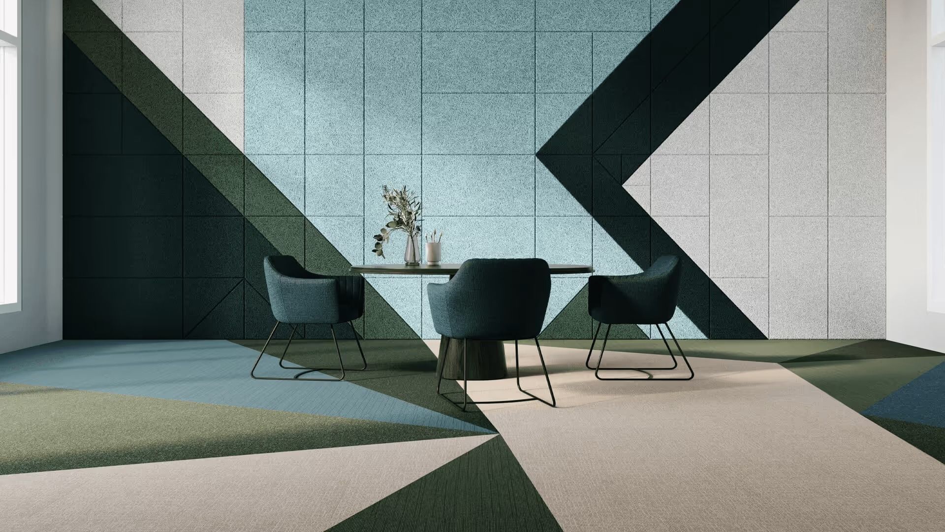 Product render highlighting acoustic wall panels used in a modern meeting and lounge area