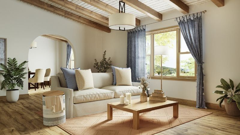 A 3D Image of a Couch with All Types of Home Accessories and Decorum